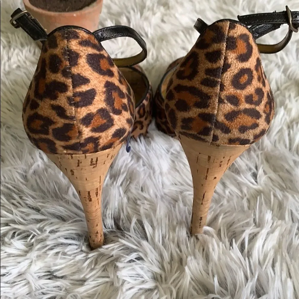 GUESS Hayle 2 Multicolor Leopard Print Fabric Peep Toe Cork Sandal High Heels 8